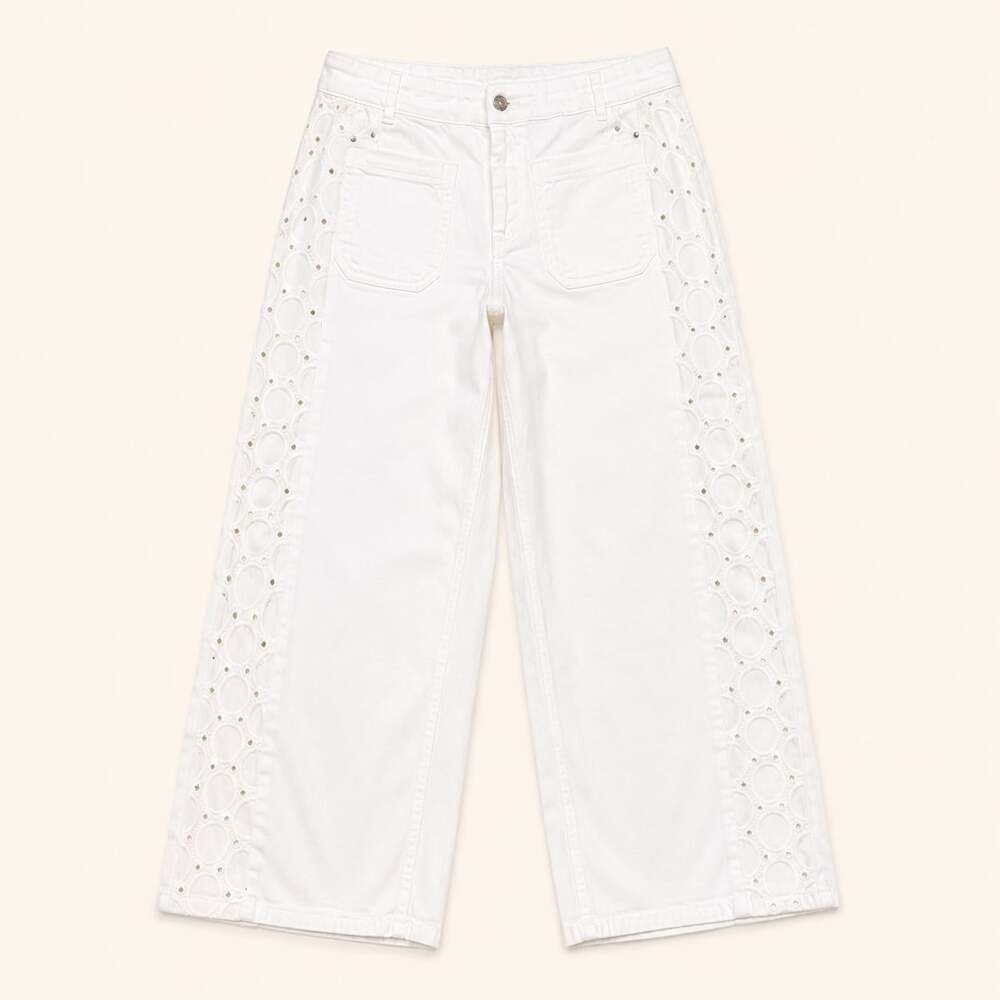 Zara Eyelet Wide Leg Jeans White Coastal Boho Cottagecore US 4